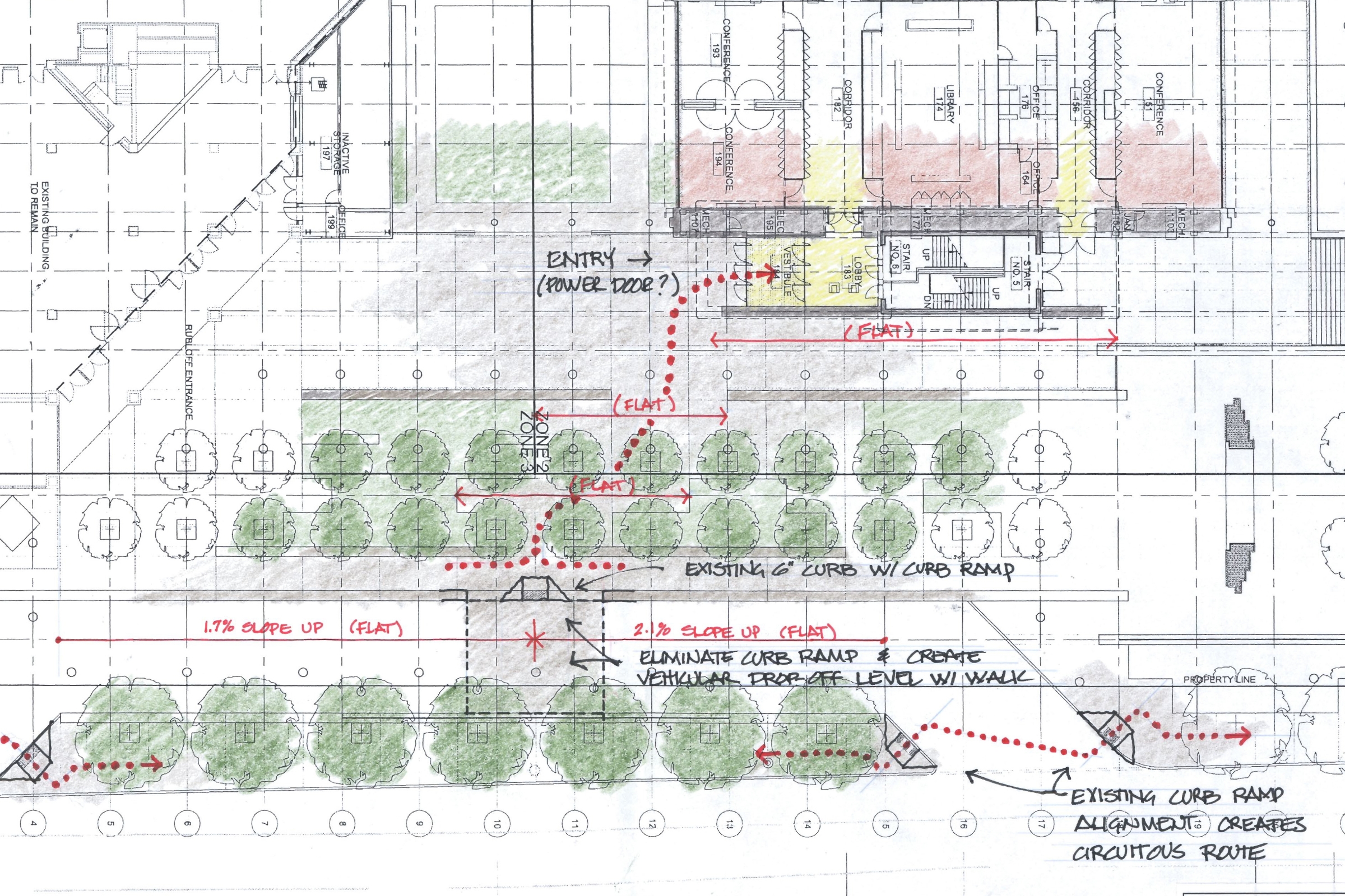 Colored floor plan of exterior spaces with ADA standards annotations.