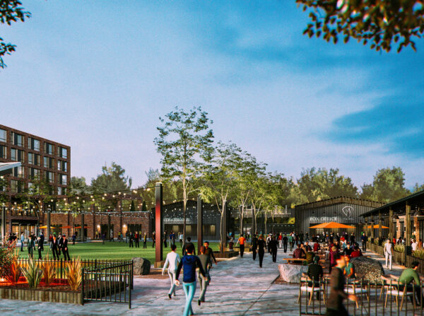Rendering at eye level of the main plaza at The Mill Development.