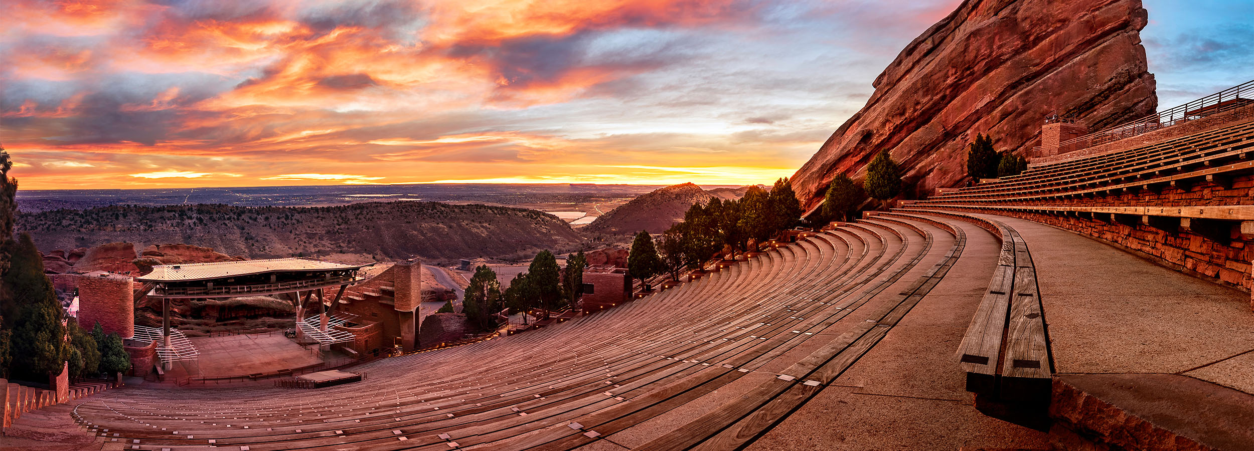 Panoramic of Red Rocks Ampitheater at sunset.