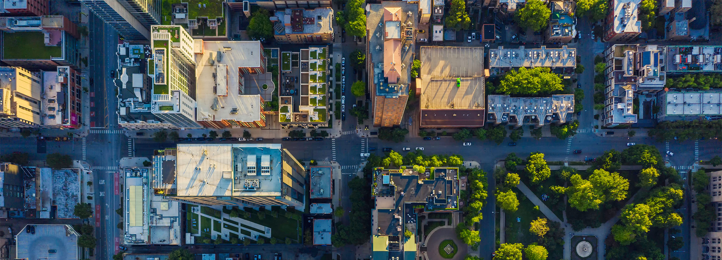 Aerial view of a city streetscape.